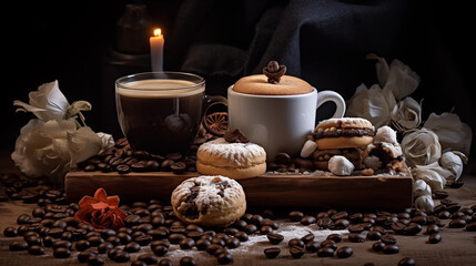 still life with coffee and candle, best selling, cappuccino and coffee with cakes and sweets, cookies and hot drink, chocolate