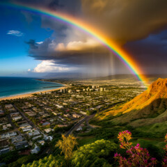 Obraz premium lifestyle photo rainbow over diamondhead on oahu.