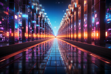 Futuristic data center corridor with glowing lights at night. 3D rendering