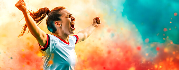 Female soccer player celebrating a goal - obrazy, fototapety, plakaty