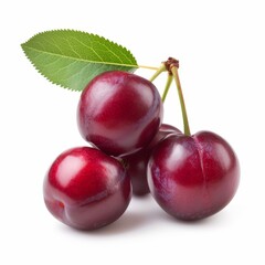 Fresh and ripe red cherry plums, isolated on a clean white background, showcasing their vibrant color and juicy texture.