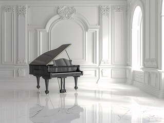 The haunting melody of a piano fills the empty white room, its keys glistening in the sunlight...