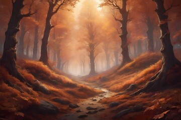 A mystical luxurious autumn space forest with a gradient