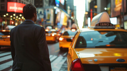 A stressed businessman hails a yellow taxi amidst the chaotic rush hour in the vibrant city center....
