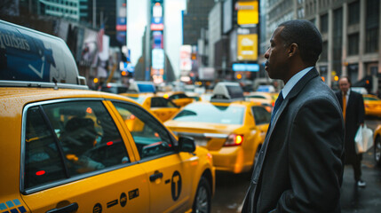 A stressed businessman hails a yellow taxi amidst the chaotic rush hour in the vibrant city center....