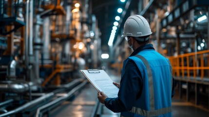 Industrial engineer with clipboard controlling factory facility