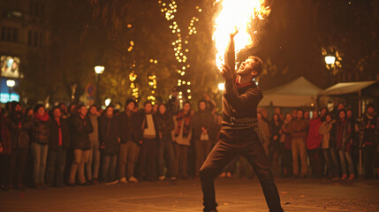 A mesmerizing busker captivates a crowd at a city square with their awe-inspiring fire juggling...
