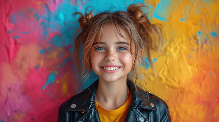 little cute girl in a black leather biker jacket smiling on a color background in the studio, children, child, childhood, teenager, kid, schoolgirl, fashion, style, rock, space for text, rocker, rebel