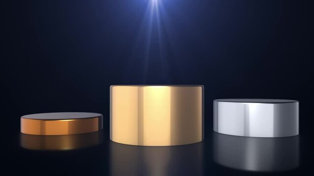 Podium of champions, podium for winners, first gold place, second silver, third bronze. Award stage, on a black background with a reflective floor. Prizes, top three first. Cylindrical podums. Winners