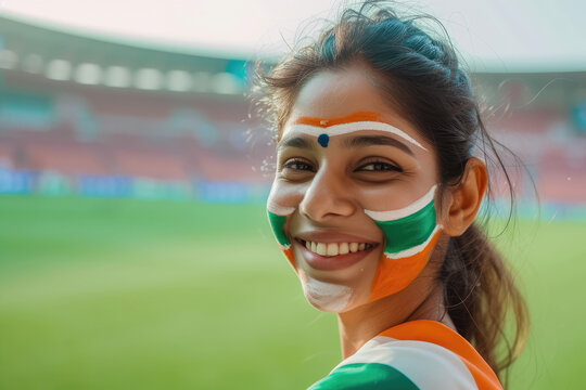 Happy beautiful Indian woman supporter with face painted in india flag colors, red and white, at a sports event