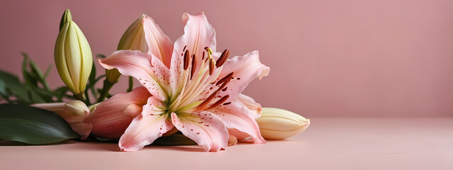 Soft pink lily with copy space. Elegant pink lily on a blush pink background with space for text.
