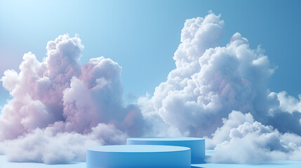Cloud background podium blue 3d product sky white display platform render abstract stage pastel scene. Podium stand light minimal cloud background studio dreamy pedestal backdrop, generative ai - obrazy, fototapety, plakaty