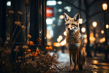 Portrait of a fox on the street at night in Paris, France