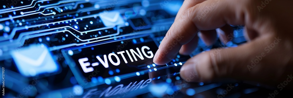 Poster secure e voting concept hand pressing e voting with holograms on dark blue background