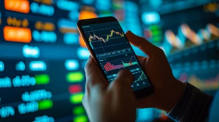 Foto op Plexiglas Crypto trader investor broker hand holding phone app executing financial stock trade market trading © Media Srock