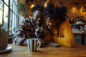 Fototapeta na wymiar Joyful Coffee Shop Moment: Happy Black Couple with Dog