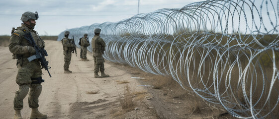 Soldiers stand guard along a barbed wire border, vigilant and prepared in a desolate landscape