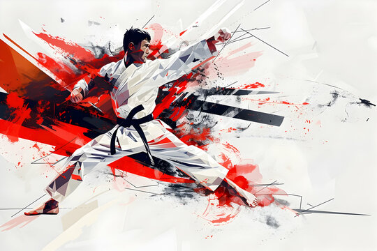 Karate athlete performing kumite, illustrated in the style of geometric abstraction, emphasizing the calculated angles and movements within the dynamic exchange.