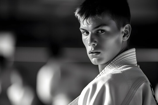 Karate competitor, captured with the realism of portraiture, demonstrating focused concentration and controlled aggression during a kumite exchange.