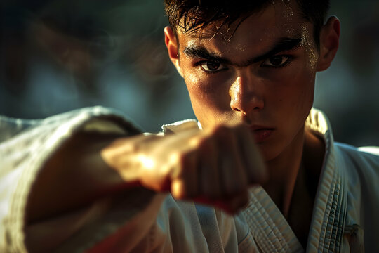Karate competitor, captured with the realism of portraiture, demonstrating focused concentration and controlled aggression during a kumite exchange.