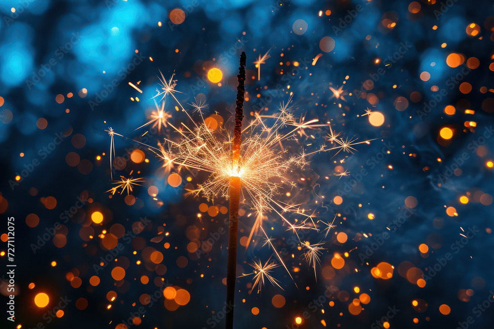 Poster sparkling sparklers and bokeh lights extreme closeup. generative ai