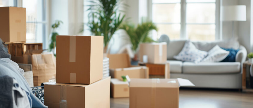 A new beginning captured in a living room filled with cardboard boxes, ready for unpacking