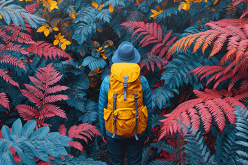 A Tourist with a Backpack Behind His Shoulders Stands in Front of the Forest in Anticipation of a Wonderful Walk extreme closeup. Generative AI
