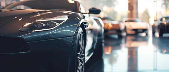 Naklejka premium Sleek lines and polished surfaces define luxury cars awaiting admiration in a chic showroom
