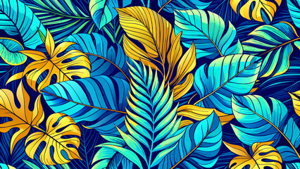 Tropical leaf Wallpaper, Luxury nature leaves pattern design, Blue banana leaf line arts, Hand drawn outline design for fabric , wall arts, print, cover, banner and invitation, Vector illustration.