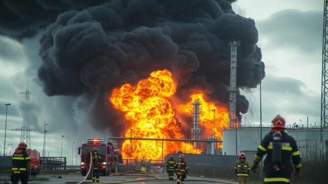 Powerful explosion at an industrial oil refinery with black smoke cloud, firefighters in action
