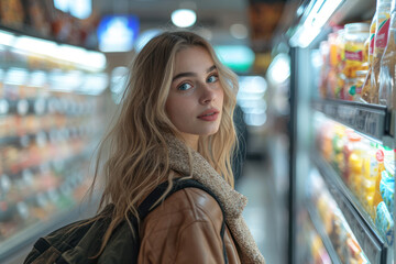Young Woman Shopping in the Frozen Food Aisle at a grocery Store extreme closeup. Generative AI