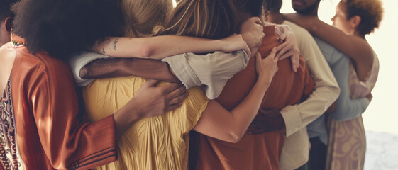 A group of diverse friends embracing in solidarity and friendship, a tapestry of human connection