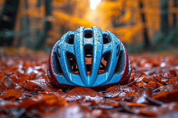 Modern Bicycle Helmet on Autumn Foliage in the Forest extreme closeup. Generative AI