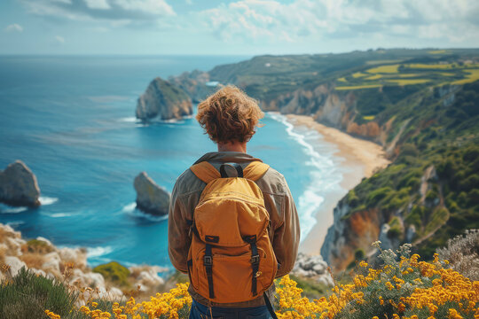 Travel Content Creator Concept. Traveler Man with a Backpack on her Back Looks at the Sea or Ocean extreme closeup. Generative AI
