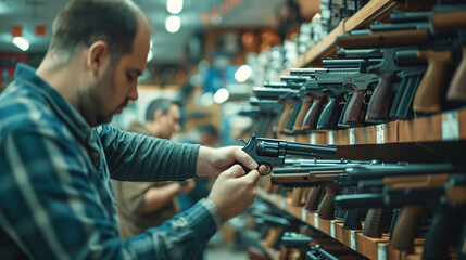 Man with owner choosing handgun in gun shop - obrazy, fototapety, plakaty