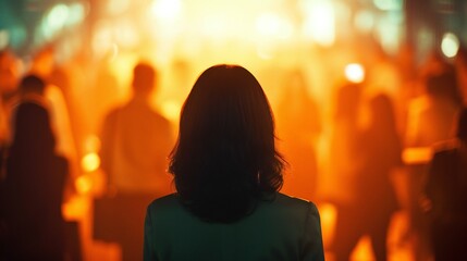 In a crowded room, a woman with social anxiety feels isolated, her solitary figure stark against the blurred backdrop of mingling guests.
