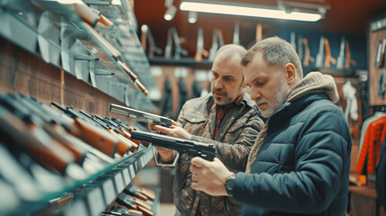 Man with owner choosing handgun in gun shop - obrazy, fototapety, plakaty