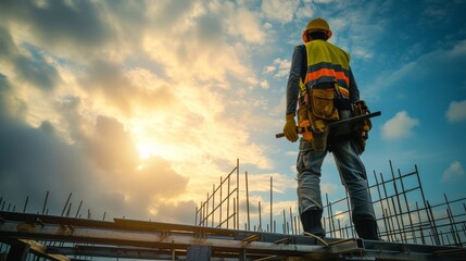 Construction engineers stand on new concrete floor top roof with crane in the background, at a construction site