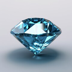 Big blue diamond on a white background. Ai generated image of a beautiful shiny brilliant diamond standing upright with glares on a white surface.