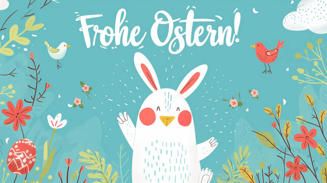 Fröhliche Osterfeier mit entzückendem Hasen und bunt bemalten Ostereiern, Schriftzug "Frohe Ostern!"