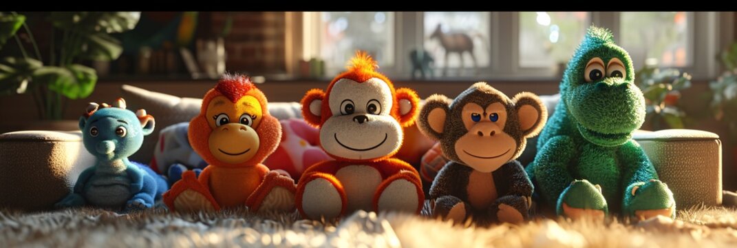 A whimsical gathering of plush christmas characters, eagerly awaiting their new owner's cuddles in a cozy indoor setting filled with baby toys and cartoon charm