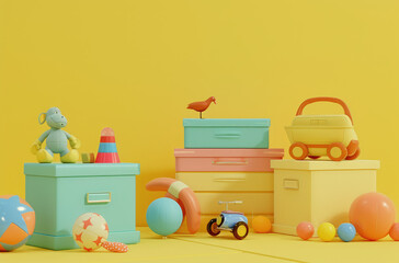 toys and toy boxes on a yellow background