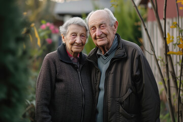 A portrait of old, senior, elderly, retired grandparents standing in the garden smiling at the camera.