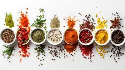 Assortment of spices on white background. Spicy cooking concept.