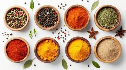 Assortment of spices on white background. Spicy cooking concept.