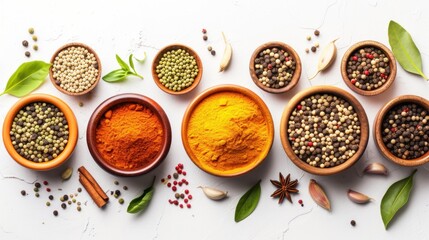 Assortment of spices on white background. Spicy cooking concept.