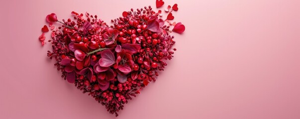 Red beautiful Valentine's day heart on abstract bokeh background. Template for horizontal banner with copyspace.