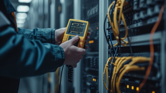 A technician's hands holding a multimeter in a server room, Electronic control panel