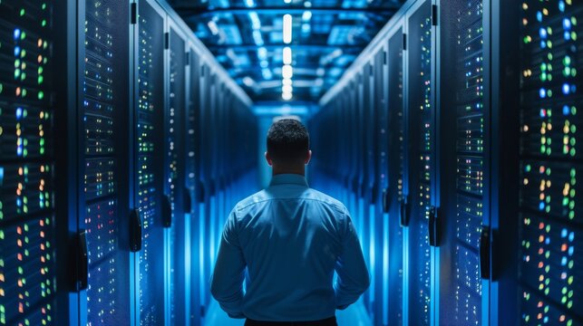 A person data center IT specialist checking cloud servers while working as system administrator for cyber security