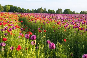 purple colored opium poppy field weeded with red poppies
